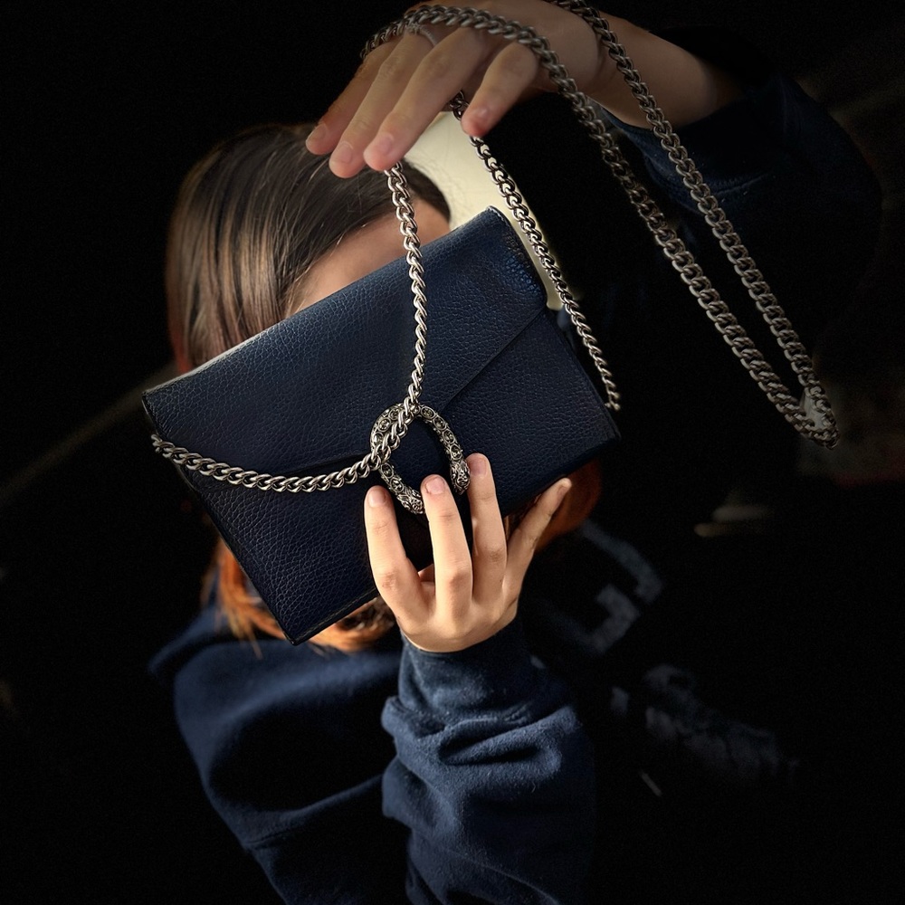 Elegant Navy Gucci Dyonisus Crossbody with Antique Silver Chain